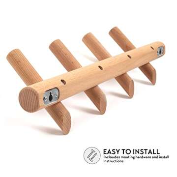 KYSMOTIC Wooden Coat Rack Wall Mounted | Modern Wood Coat Hooks for Entryway, Bedroom, Bathroom | 4 Pegs Wood Wall Hook for Hanging Clothes Robes Towels Hats