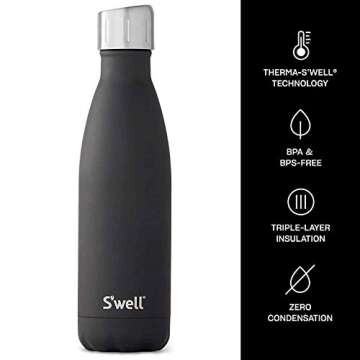 S'well Stainless Steel Water Bottle - 17 Fl Oz - Soft Touch Black - Triple-Layered Vacuum-Insulated Containers Keeps Drinks Cold for 36 Hours and Hot for 18 - BPA-Free - Perfect for the Go