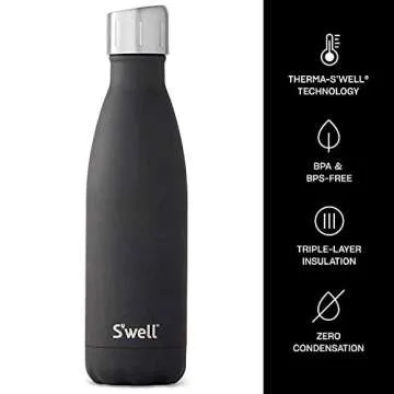 S'well Stainless Steel Water Bottle - 17 Fl Oz - Soft Touch Black - Triple-Layered Vacuum-Insulated Containers Keeps Drinks Cold for 36 Hours and Hot for 18 - BPA-Free - Perfect for the Go