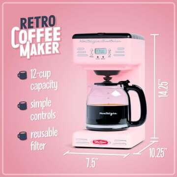 Nostalgia Retro 12-Cup Programmable Coffee Maker With LED Display, Automatic Shut-Off & Keep Warm, Pause-And-Serve Function, Pink