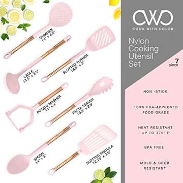COOK With COLOR 7 Piece Pink Nylon Cooking Utensil Set with Copper Handles - Pink