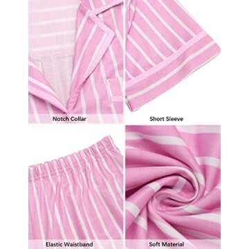 Ekouaer Women's Pajama Sets Button-Down Pj Set Sleepwear Shirt and Shorts Two Piece Lounge Sets Pink Stripe