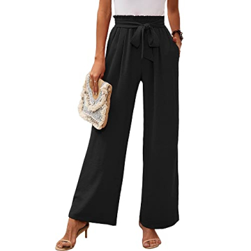 Heymoments Women's Wide Leg Lounge Pants with Pockets Black Large Lightweight High Waisted Adjustable Tie Knot Loose Comfy Casual Trousers