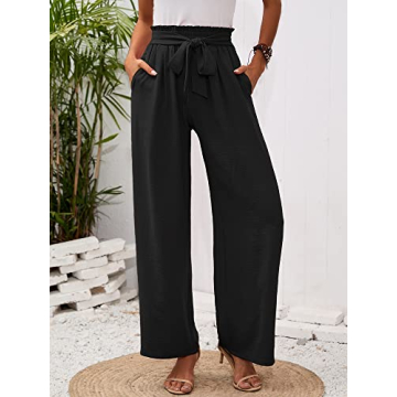 Heymoments Women's Wide Leg Lounge Pants with Pockets Black Large Lightweight High Waisted Adjustable Tie Knot Loose Comfy Casual Trousers