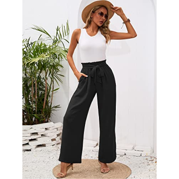 Heymoments Women's Wide Leg Lounge Pants with Pockets Black Large Lightweight High Waisted Adjustable Tie Knot Loose Comfy Casual Trousers