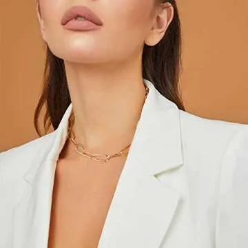 LANE WOODS Chunky Chain Link Necklace for Women 14K Gold Plated Paperclip Link Choker (15" Chain