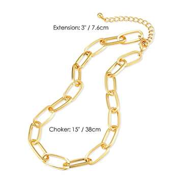 LANE WOODS Chunky Chain Link Necklace for Women 14K Gold Plated Paperclip Link Choker (15" Chain