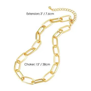 LANE WOODS Chunky Chain Link Necklace for Women 14K Gold Plated Paperclip Link Choker (15" Chain