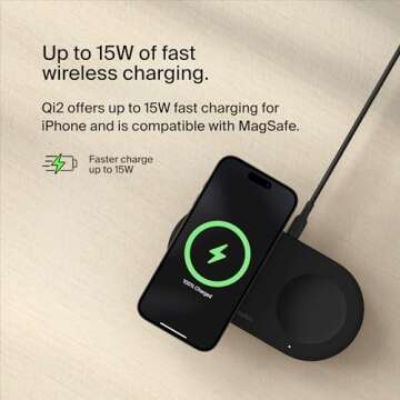 Belkin 2-in-1 Wireless Charging Pad w/ Qi2 15W + Additional USB-C Port - MagSafe-Compatible Charger, Charging Station for iPhone 16 & 15 Series, Samsung Galaxy S25 Series, AirPods, & More - Black
