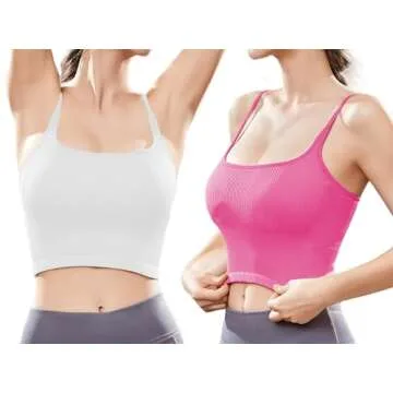 Chilylori Seamless Sports Bra Cropped Tank Top with Adjustable Straps Workout Tops Ribbed Sports Bra for Women Wireless Longline Crop Tank Padded Comfortable Brami 2 Pack White+Pink S