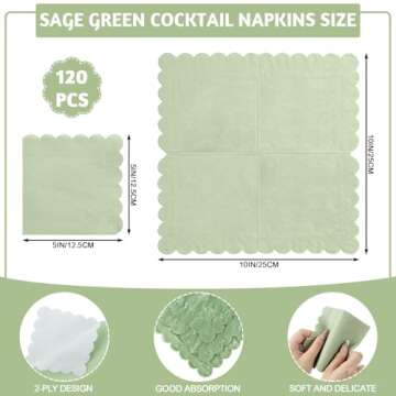 NatNarr Sage Green Cocktail Napkins - 120 Pcs, Scalloped Disposable Napkins for Parties
