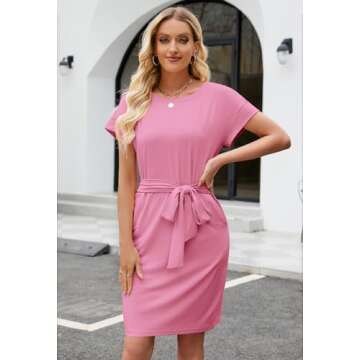 MEROKEETY Women's Summer Striped Short Sleeve T Shirt Dress Casual Tie Waist Midi Dress Solid Pink
