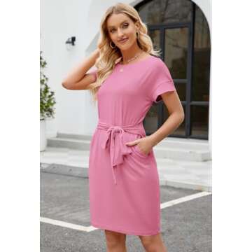MEROKEETY Women's Summer Striped Short Sleeve T Shirt Dress Casual Tie Waist Midi Dress Solid Pink
