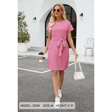 MEROKEETY Women's Summer Striped Short Sleeve T Shirt Dress Casual Tie Waist Midi Dress Solid Pink