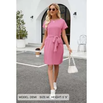 MEROKEETY Women's Summer Striped Short Sleeve T Shirt Dress Casual Tie Waist Midi Dress Solid Pink