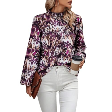 MakeMeChic Women's Allover Print Mock Neck Lantern Long Sleeve Dressy Shirt Office Blouse Top