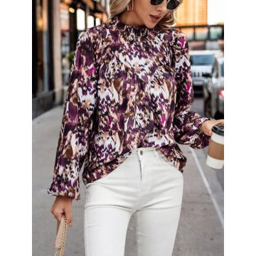 MakeMeChic Women's Allover Print Mock Neck Lantern Long Sleeve Dressy Shirt Office Blouse Top