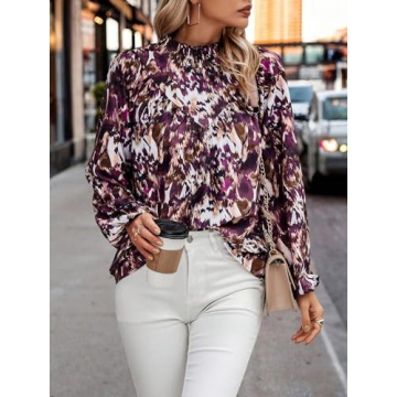 MakeMeChic Women's Allover Print Mock Neck Lantern Long Sleeve Dressy Shirt Office Blouse Top