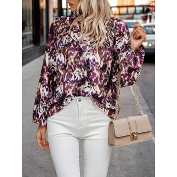 MakeMeChic Women's Allover Print Mock Neck Lantern Long Sleeve Dressy Shirt Office Blouse Top