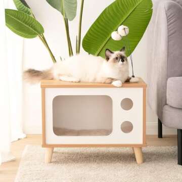 Cat House Wooden Condo Cat Bed Indoor TV-Shaped Sturdy Large Luxury Cat Shelter Furniture with Cushion Cat Scratcher Bell Ball Toys