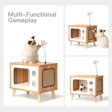 Cat House Wooden Condo Cat Bed Indoor TV-Shaped Sturdy Large Luxury Cat Shelter Furniture with Cushion Cat Scratcher Bell Ball Toys