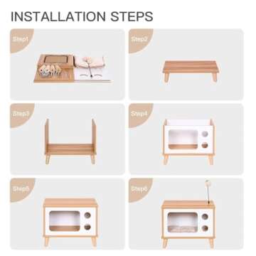 Cat House Wooden Condo Cat Bed Indoor TV-Shaped Sturdy Large Luxury Cat Shelter Furniture with Cushion Cat Scratcher Bell Ball Toys