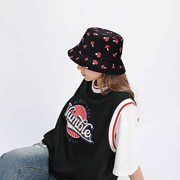 XYIYI Mushroom Black Bucket Hat Trendy Beach Fisherman Hats for Women, Reversible Double-Side-Wear
