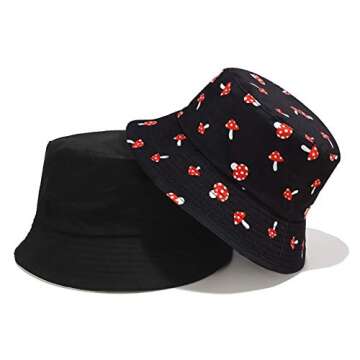 XYIYI Mushroom Black Bucket Hat Trendy Beach Fisherman Hats for Women, Reversible Double-Side-Wear