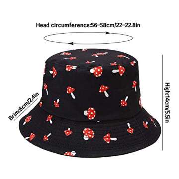 XYIYI Mushroom Black Bucket Hat Trendy Beach Fisherman Hats for Women, Reversible Double-Side-Wear