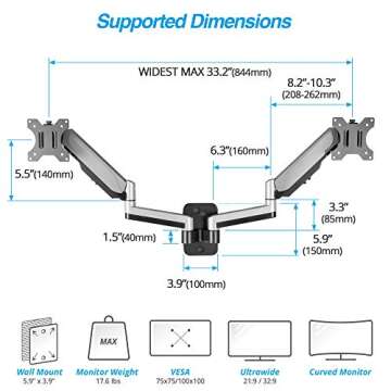 AVLT Dual Extended 13"-32" Monitor Wall Mount fits Two Flat/Curved Computer Monitor Full Motion Heig...