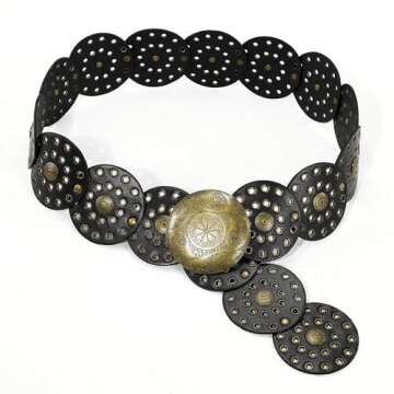 HIQUACC Wide Disc Belt for Women Vintage Leather Hollow Out Round Belt Western Waist Belt (Copper Black M)