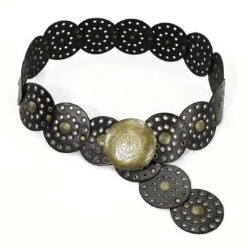 HIQUACC Wide Disc Belt for Women Vintage Leather Hollow Out Round Belt Western Waist Belt (Copper Black M)