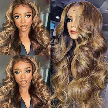 UNICE Body Wave Ombre Blonde Highlight Lace Front Wigs Human Hair Pre Plucked 10A Brazilian Remy Hair Brown Blonde 13x5x1 T Part Lace Frontal Wigs for Women 150% Density 16 inch