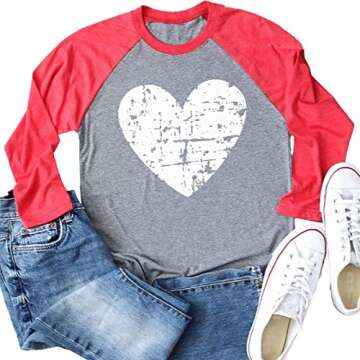 Beopjesk Womens Love Heart Raglans T-Shirts Casual Long Sleeve Valentine's Day Graphic Tees Tops(XL,...