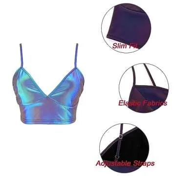 Giovacker Womens Girls Metallic Reflective Crop Tops Festival Rave Dance Outfits Club Tank Vest