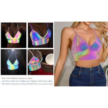 Giovacker Womens Girls Metallic Reflective Crop Tops Festival Rave Dance Outfits Club Tank Vest