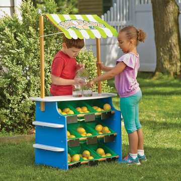 Melissa & Doug Wooden Grocery Store and Lemonade Stand - Reversible Awning, 9 Bins, Chalkboards
