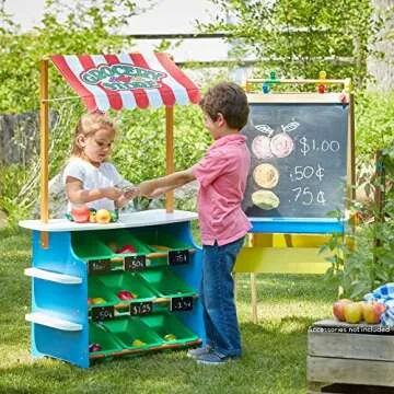 Melissa & Doug Wooden Grocery Store and Lemonade Stand - Reversible Awning, 9 Bins, Chalkboards