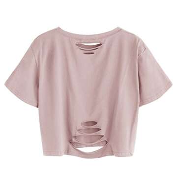 SweatyRocks Women's Summer Short Sleeve Tee Distressed Ripped Crop T-shirt Tops Pink S
