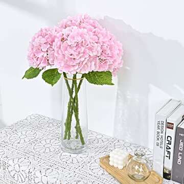 Waipfaru 21" Real Touch Hydrangea Artificial Flowers with Long Stem & Leaves, Full Latex Faux Hydrangea Flowers for Home Decor Party Floral Arrangements Wedding Bouquets Centerpieces(Pink, 3Pcs)