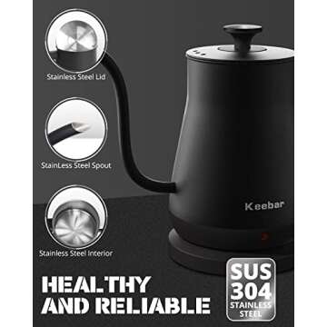 Keebar Electric Kettle, Gooseneck Kettle with Auto Shut Off, 0.8L Small Eletric Tea Kettle, Precise Spout Designed for Coffee Tea, 1000W Quick Heat Up, Stainless Steel, Matte Black