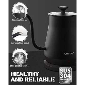 Keebar Electric Kettle, Gooseneck Kettle with Auto Shut Off, 0.8L Small Eletric Tea Kettle, Precise Spout Designed for Coffee Tea, 1000W Quick Heat Up, Stainless Steel, Matte Black