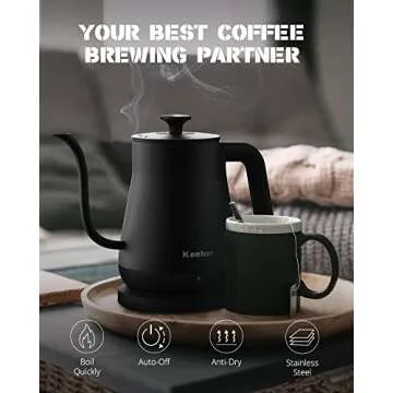Keebar Electric Kettle, Gooseneck Kettle with Auto Shut Off, 0.8L Small Eletric Tea Kettle, Precise Spout Designed for Coffee Tea, 1000W Quick Heat Up, Stainless Steel, Matte Black