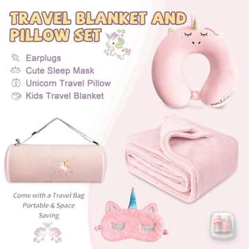urnexttour Kids Travel Blanket and Pillow- Premium Soft Pink Airplane Blanket with Adjustable Travel...