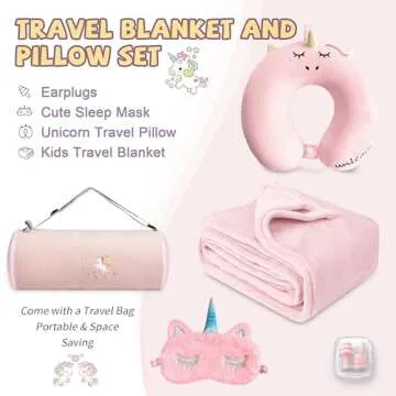 urnexttour Kids Travel Blanket and Pillow- Premium Soft Pink Airplane Blanket with Adjustable Travel...