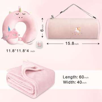 urnexttour Kids Travel Blanket and Pillow- Premium Soft Pink Airplane Blanket with Adjustable Travel Bag, Hand Luggage Belt Compact Pack Large Blanket for Car, Road Trip, Home Use (60"*40" in)