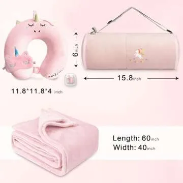 urnexttour Kids Travel Blanket and Pillow- Premium Soft Pink Airplane Blanket with Adjustable Travel Bag, Hand Luggage Belt Compact Pack Large Blanket for Car, Road Trip, Home Use (60"*40" in)