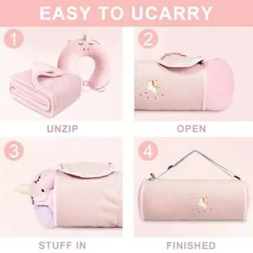 urnexttour Kids Travel Blanket and Pillow- Premium Soft Pink Airplane Blanket with Adjustable Travel Bag, Hand Luggage Belt Compact Pack Large Blanket for Car, Road Trip, Home Use (60"*40" in)