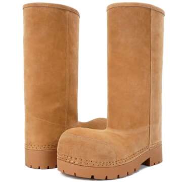 LACIKOSZ Faux Suede Platform Fuzzy Snow Boots Round Toe Hippy Winter Boots Slip On Knee High Chunky ...