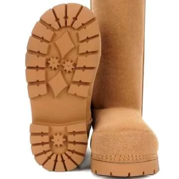 LACIKOSZ Faux Suede Platform Fuzzy Snow Boots Round Toe Hippy Winter Boots Slip On Knee High Chunky Heel Fur Tall Boots for Women